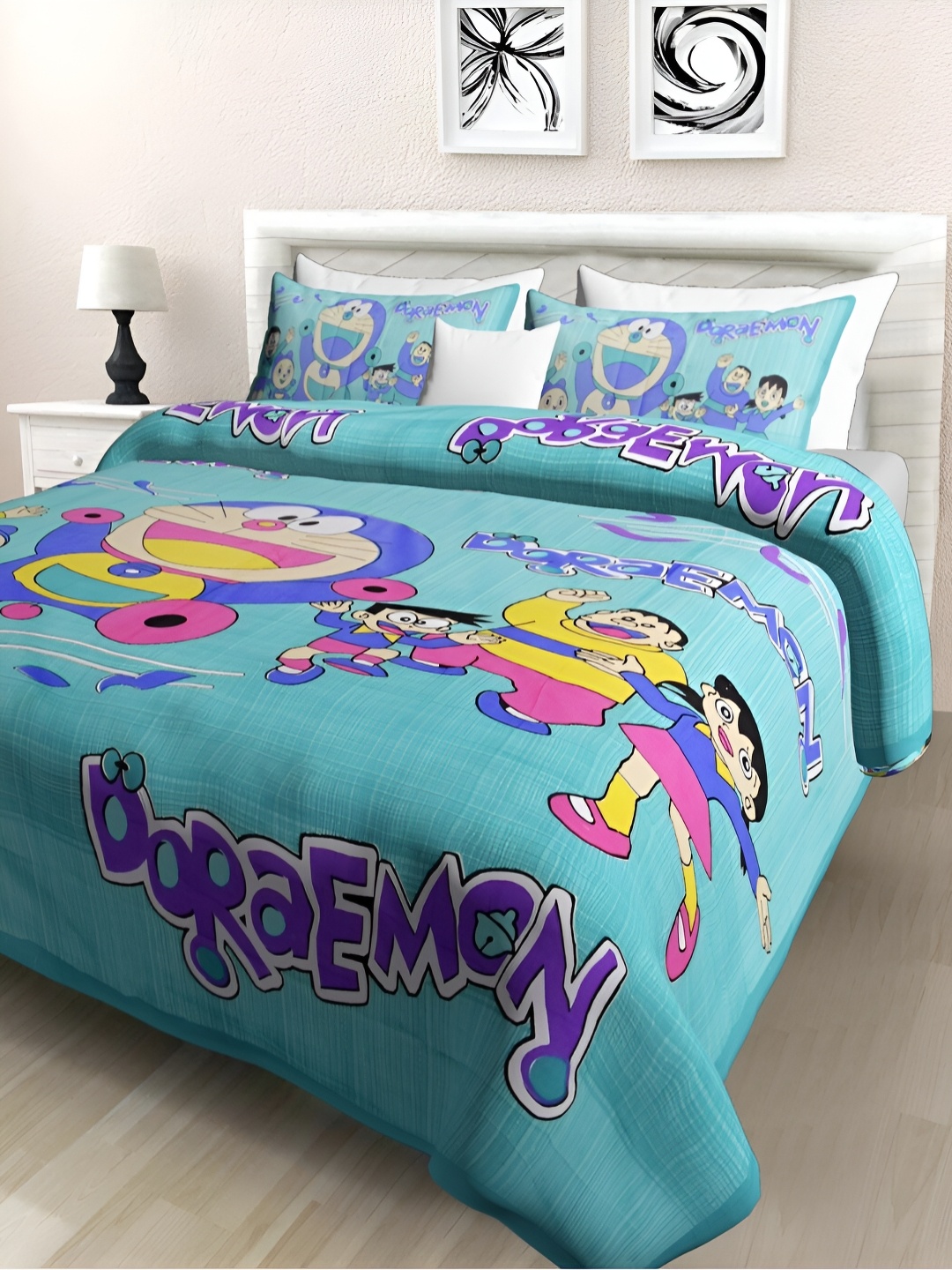 

POORAK Green & Blue Cartoon Characters 104 TC Cotton Queen Bedsheet Set