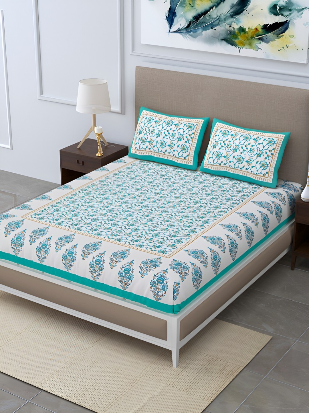 

POORAK Blue & White Ethnic Motifs 104 TC Cotton Queen Bedsheet Set