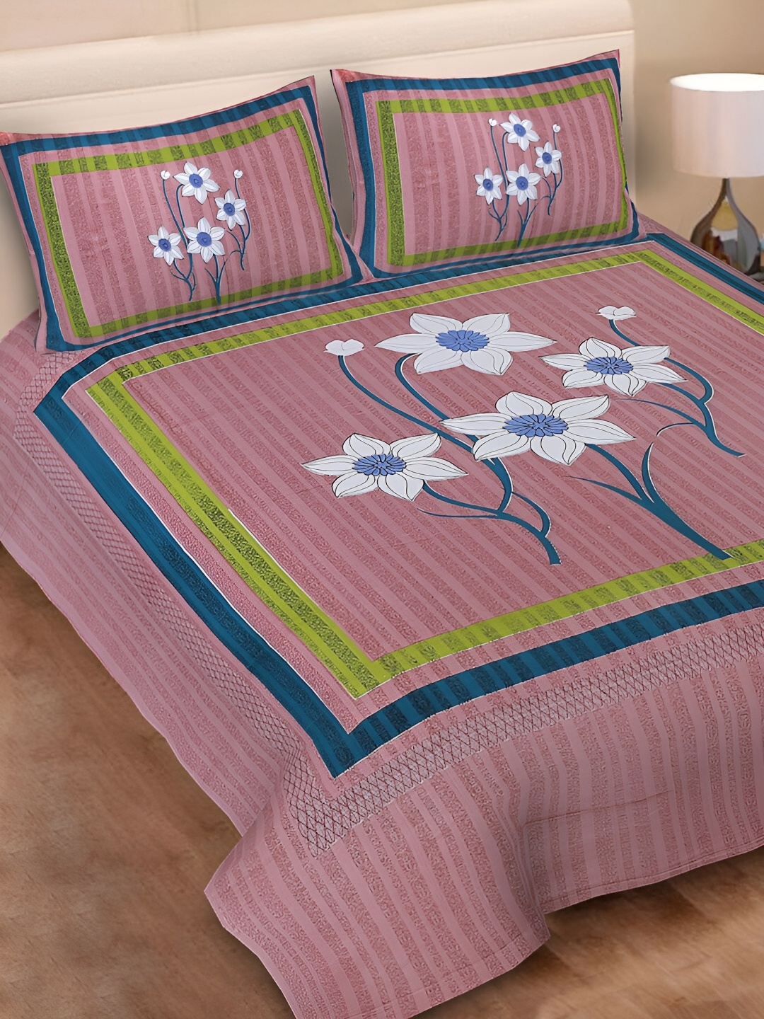 

POORAK Pink & Blue Floral 104 TC Cotton Queen Bedsheet Set