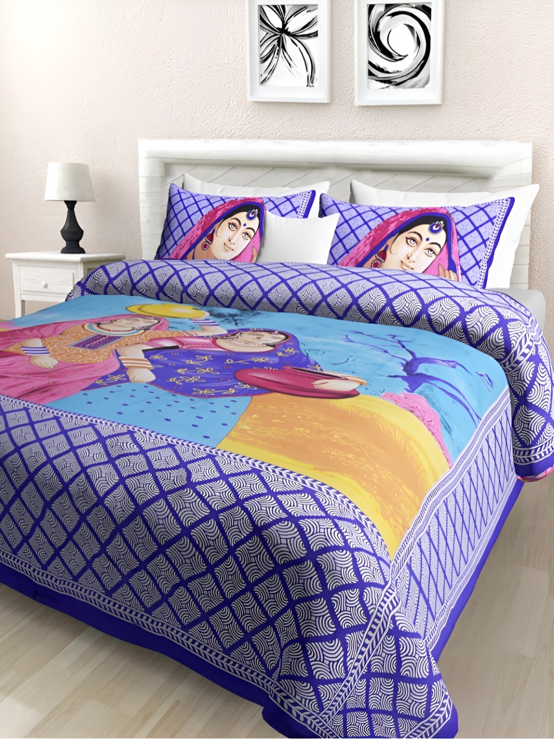 

POORAK Blue & Pink Ethnic Motifs 104 TC Cotton Queen Bedsheet Set