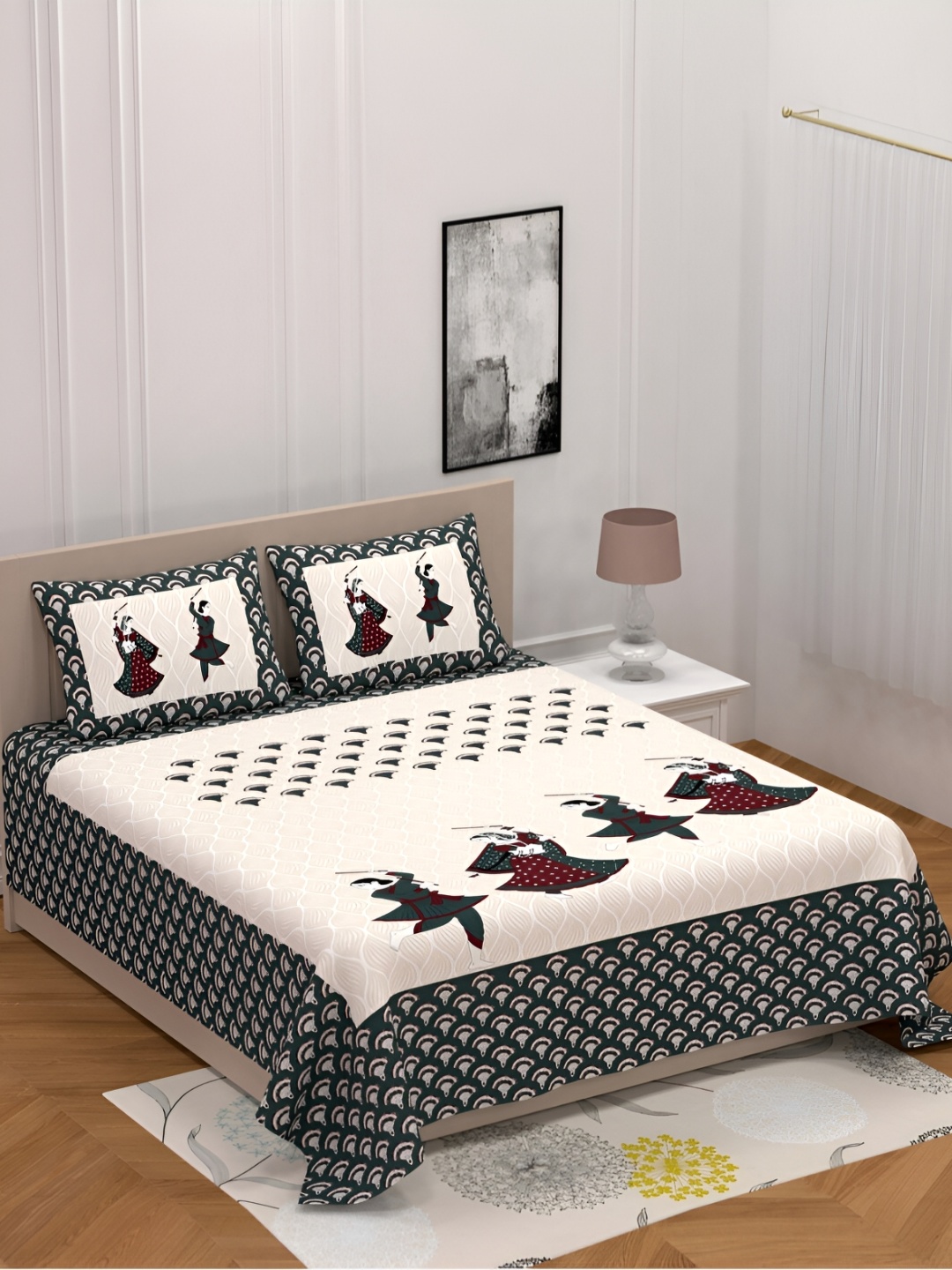 

POORAK Grey & White Ethnic Motifs 104 TC Cotton Queen Bedsheet Set