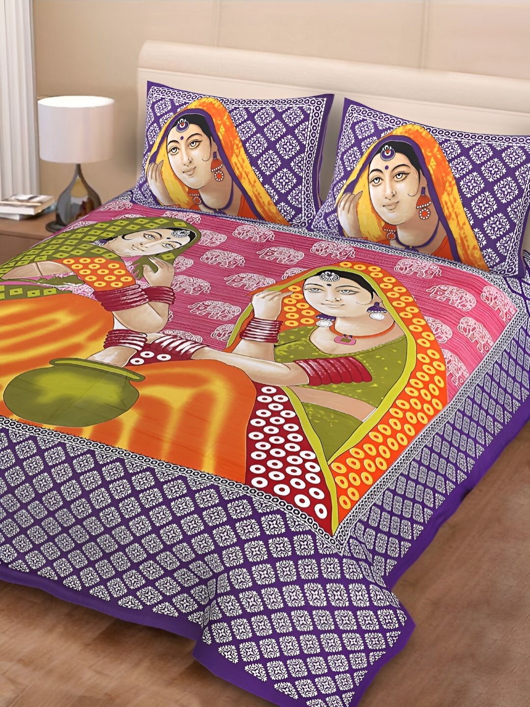 

POORAK Purple & Pink Ethnic Motifs 104 TC Cotton Queen Bedsheet Set