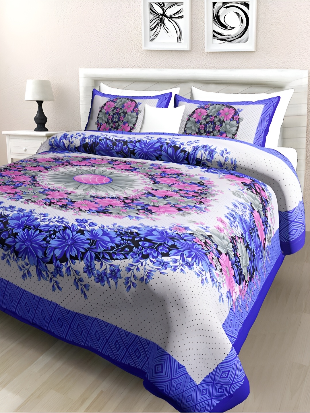 

POORAK Blue & Pink Ethnic Motifs 104 TC Cotton Queen Bedsheet Set