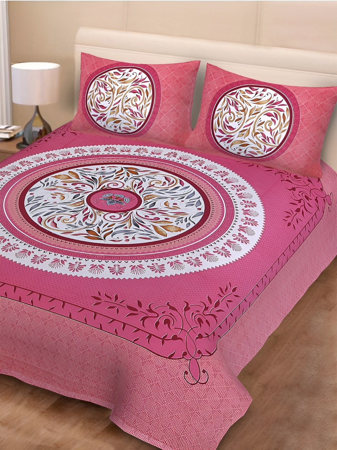 

POORAK Pink & White Ethnic Motifs 104 TC Queen Bedsheet with 2 Pillow Covers