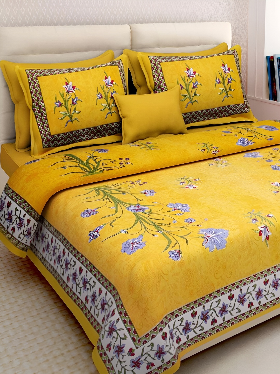 

POORAK Yellow & Blue Floral 104 TC Queen Bedsheet with 2 Pillow Covers