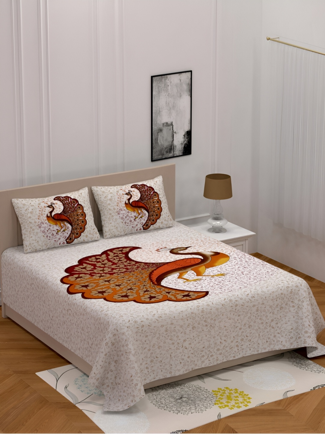 

POORAK White & Orange Graphic 104 TC Queen Bedsheet with 2 Pillow Covers