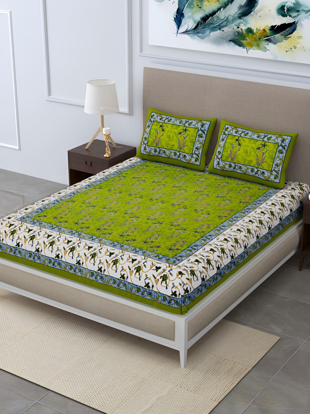 

POORAK Green & White Ethnic Motifs Cotton 104 TC Queen Bedsheet With 2 Pillow Covers