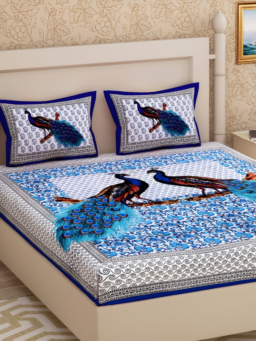 

POORAK Blue & White Ethnic Motifs Cotton 104 TC Queen Bedsheet With 2 Pillow Covers