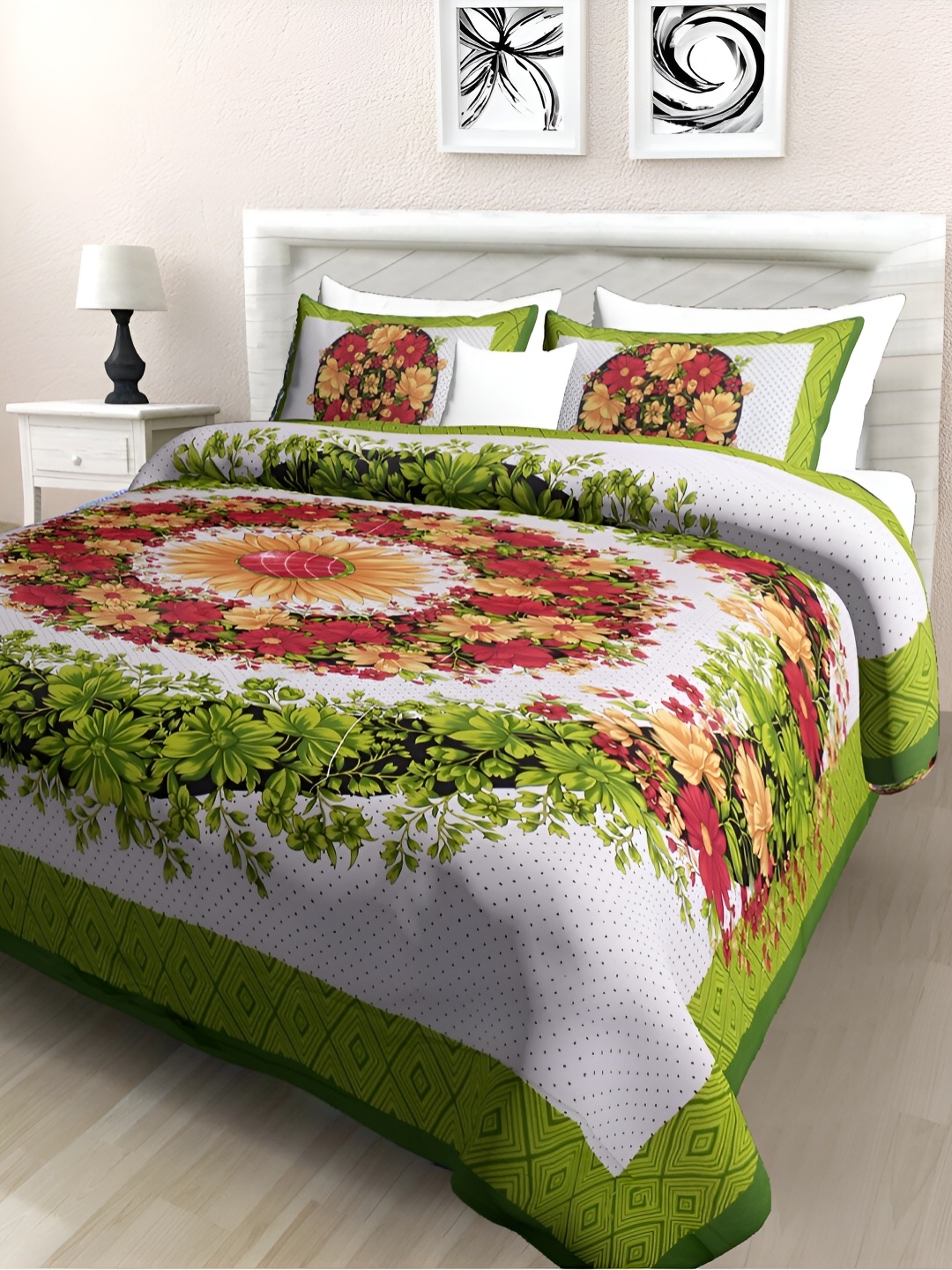 

POORAK Green & Red Floral Cotton 104 TC Queen Bedsheet With 2 Pillow Covers