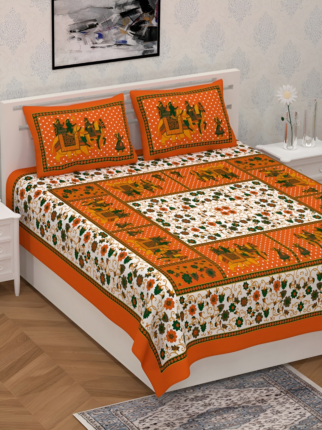 

POORAK Orange & White Ethnic Motifs Cotton 104 TC Queen Bedsheet With 2 Pillow Covers