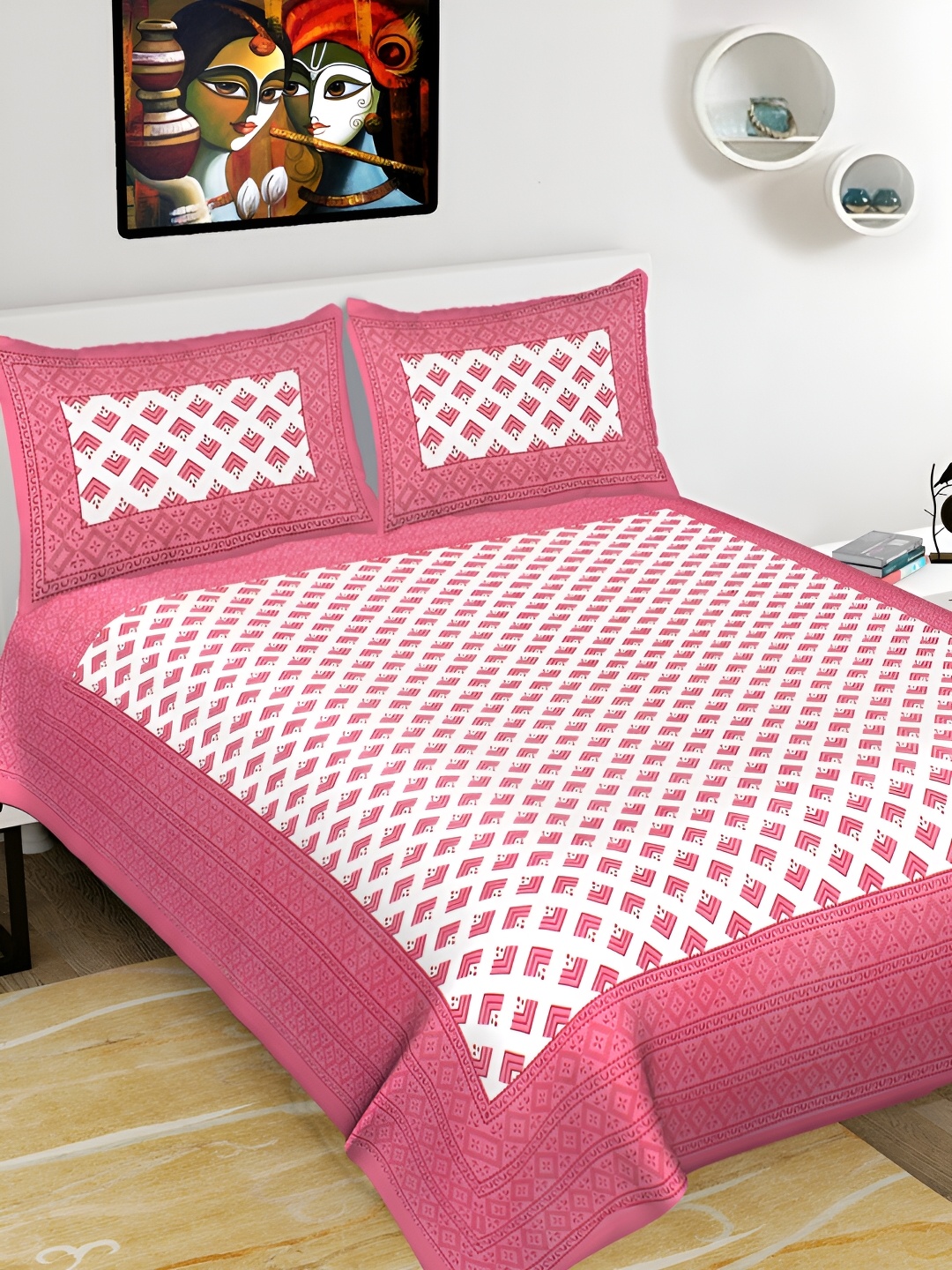 

POORAK Pink & White Geometric Cotton 104 TC Queen Bedsheet With 2 Pillow Covers