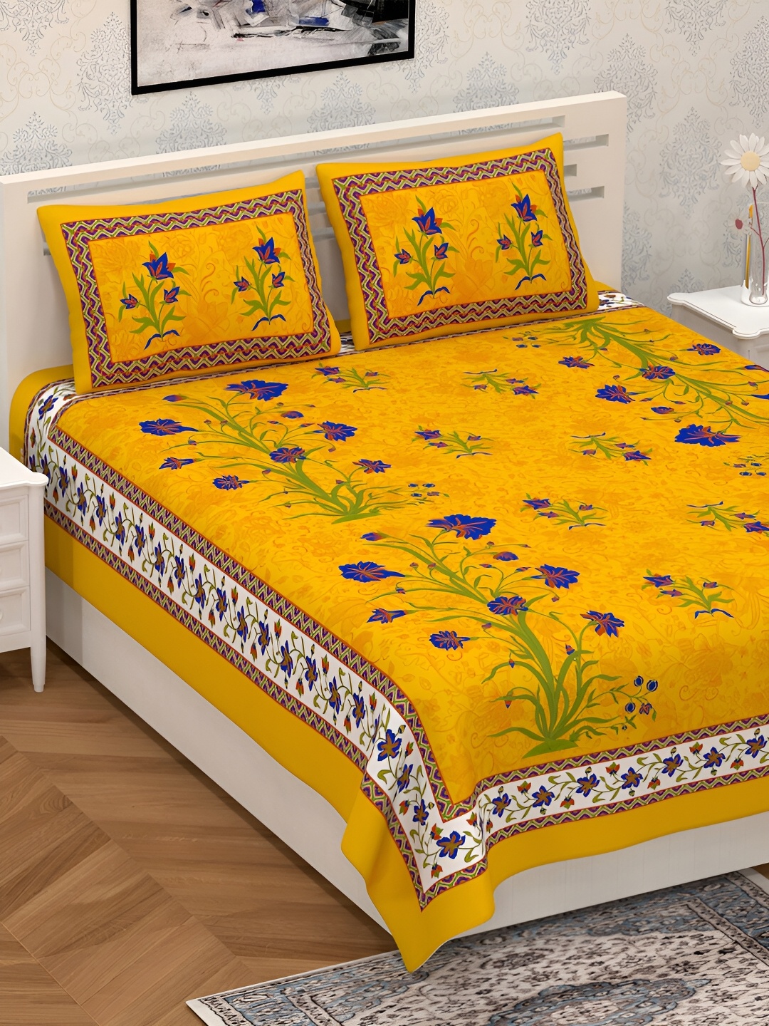 

POORAK Yellow & Blue Floral Cotton 104 TC Queen Bedsheet With 2 Pillow Covers