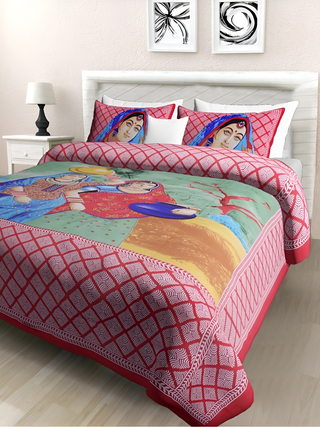 

POORAK Red & Blue Graphic Cotton 104 TC Queen Bedsheet With 2 Pillow Covers