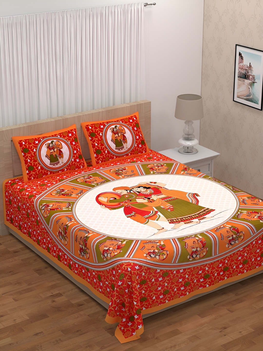 

POORAK Red & Green Ethnic Motifs Cotton 104 TC Queen Bedsheet With 2 Pillow Covers