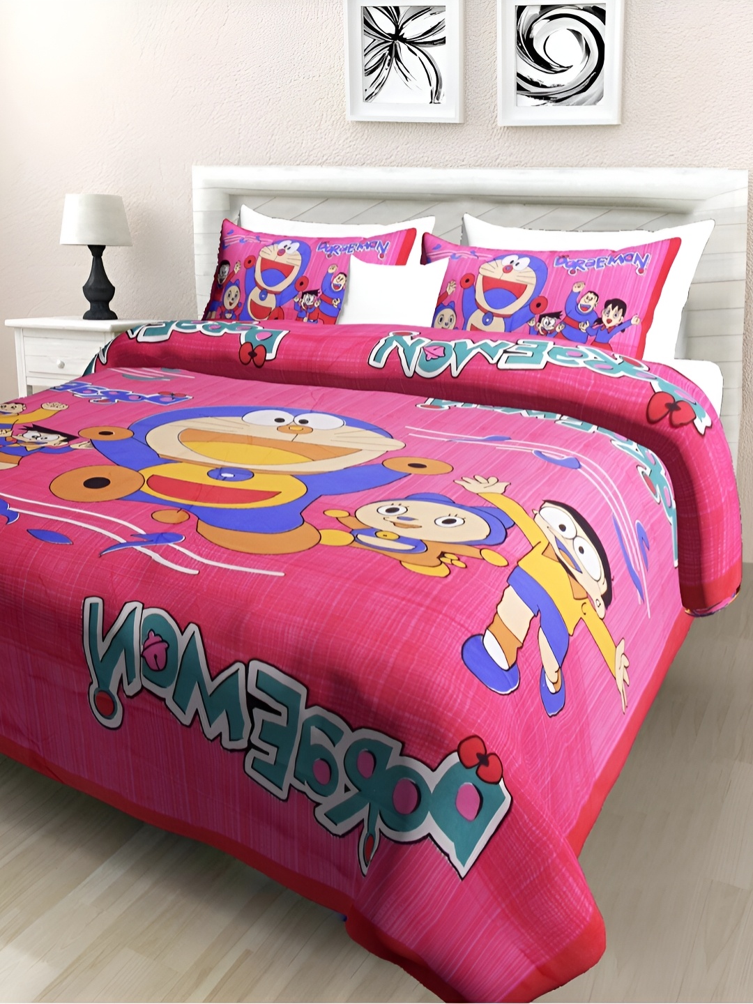 

POORAK Pink & Blue Cartoon Characters Cotton 104 TC Queen Bedsheet With 2 Pillow Covers