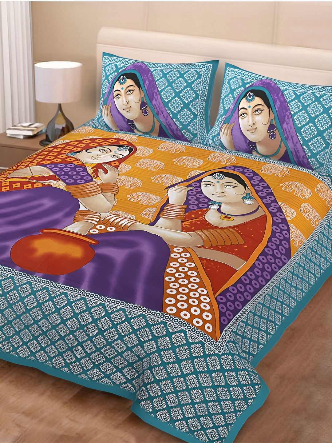 

POORAK Green & Yellow Graphic Cotton 104 TC Queen Bedsheet With 2 Pillow Covers