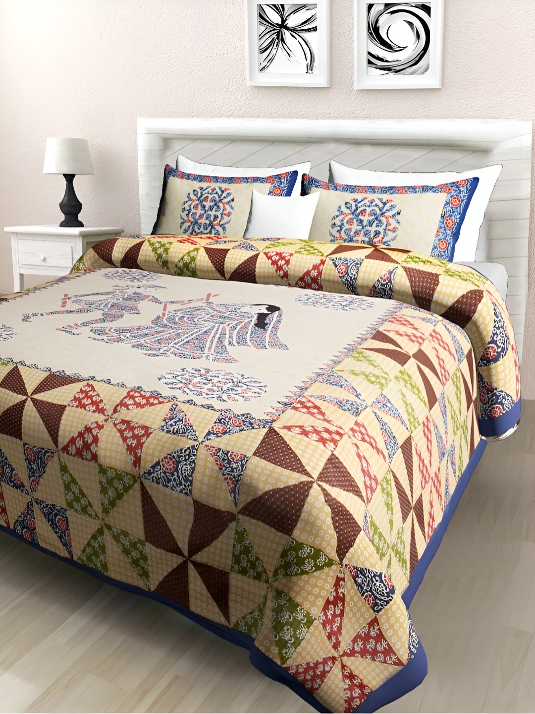 

POORAK Blue & Cream Ethnic Motifs 104 TC Queen Bedsheet with 2 Pillow Covers