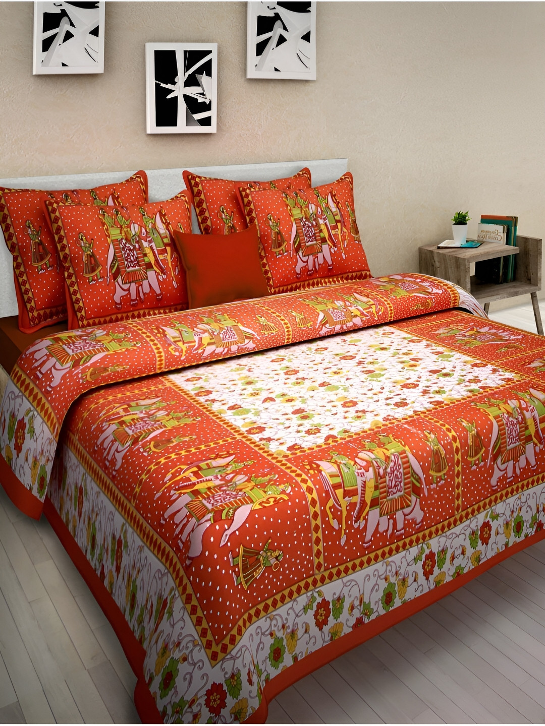 

POORAK Orange & White Ethnic Motifs 104 TC Queen Bedsheet with 2 Pillow Covers
