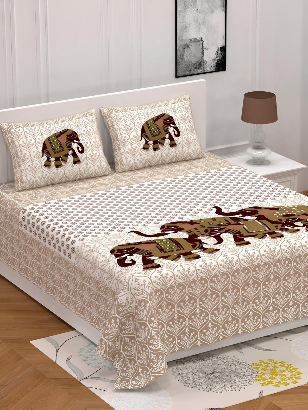 

POORAK Brown & White Ethnic Motifs 104 TC Queen Bedsheet with 2 Pillow Covers