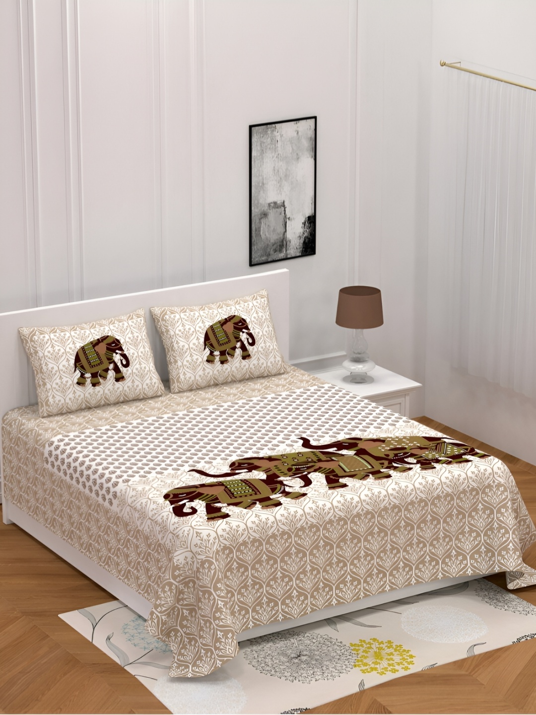 

POORAK Brown & White Ethnic Motifs 104 TC Queen Bedsheet with 2 Pillow Covers