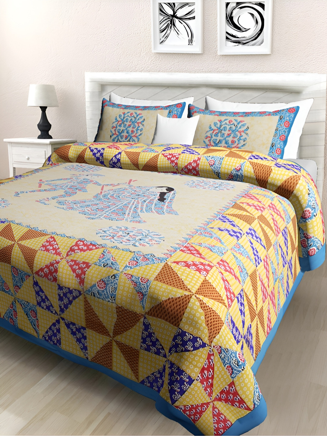

POORAK Blue & Brown Ethnic Motifs 104 TC Queen Bedsheet with 2 Pillow Covers