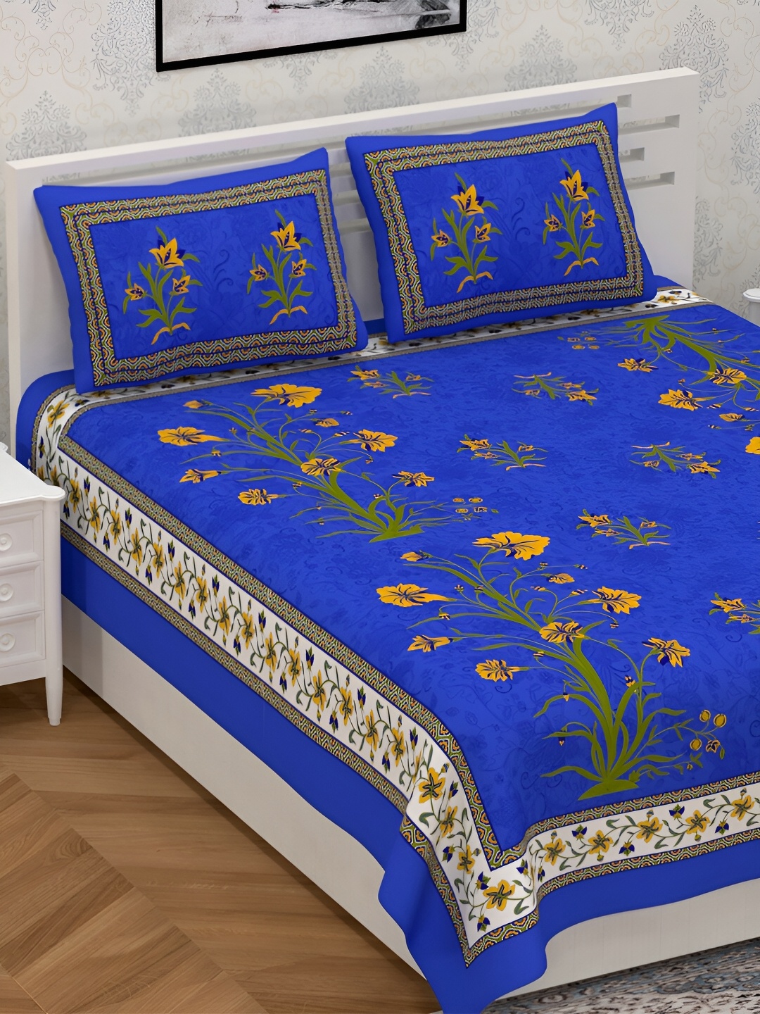 

POORAK Blue & Yellow Floral 104 TC Queen Bedsheet with 2 Pillow Covers