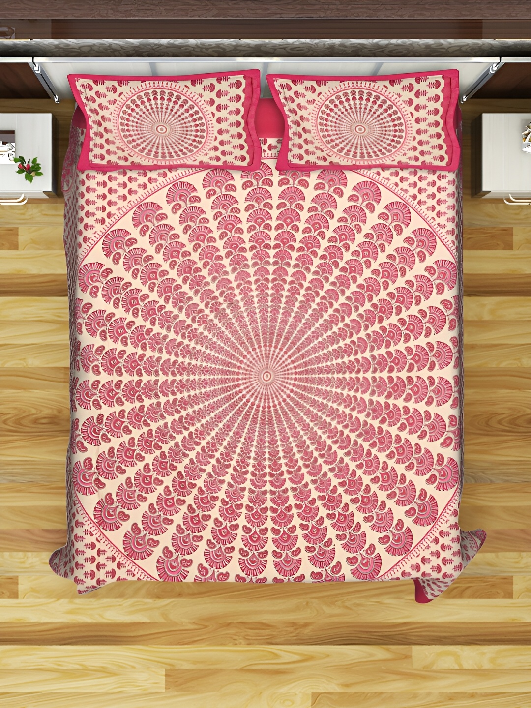

POORAK Red & Off White Ethnic Motifs 104 TC Queen Bedsheet with 2 Pillow Covers