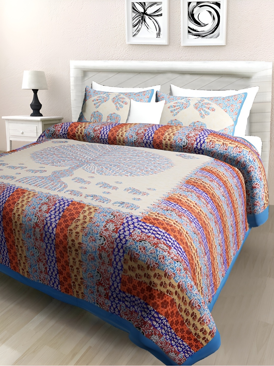 

POORAK Blue & Orange Ethnic Motifs 104 TC Queen Bedsheet with 2 Pillow Covers