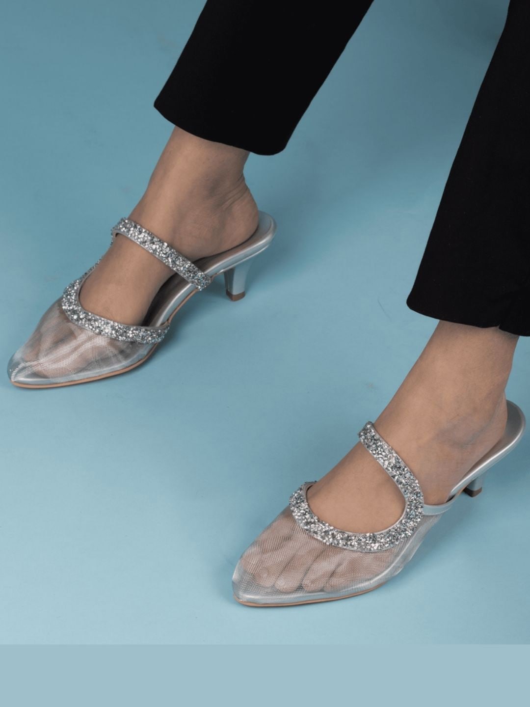 

RIVR Embellished Kitten Heeled Mules, Silver