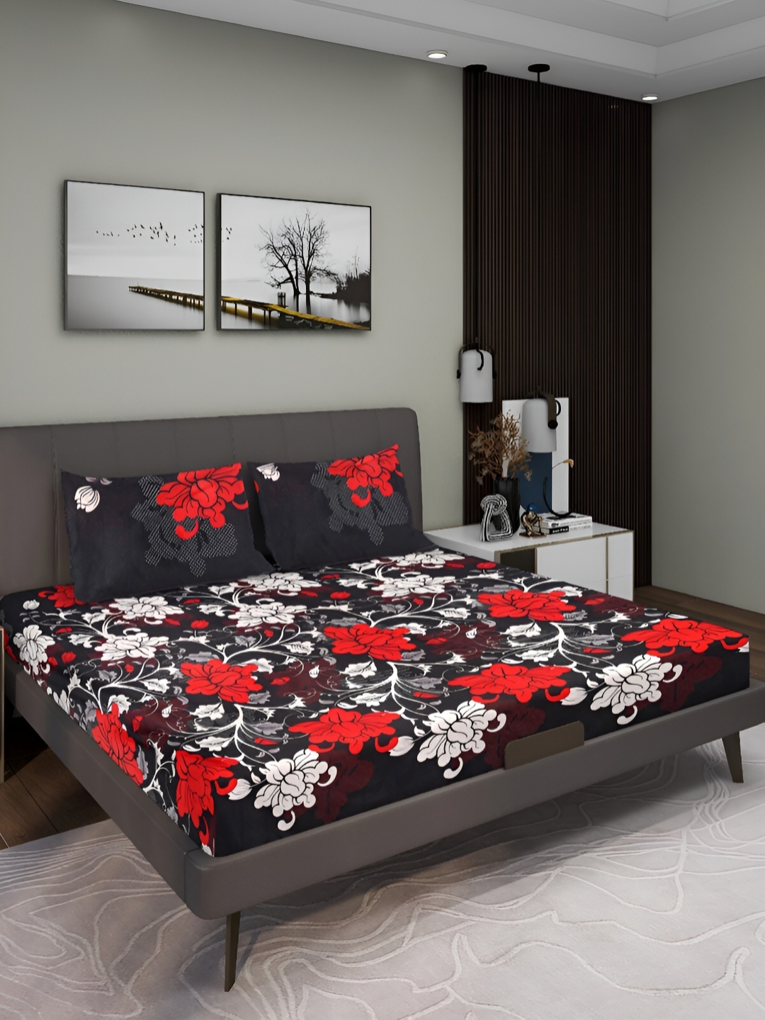 

Aura Black Floral 144 TC Queen Microfiber Bedsheet With 2 Pillow Covers