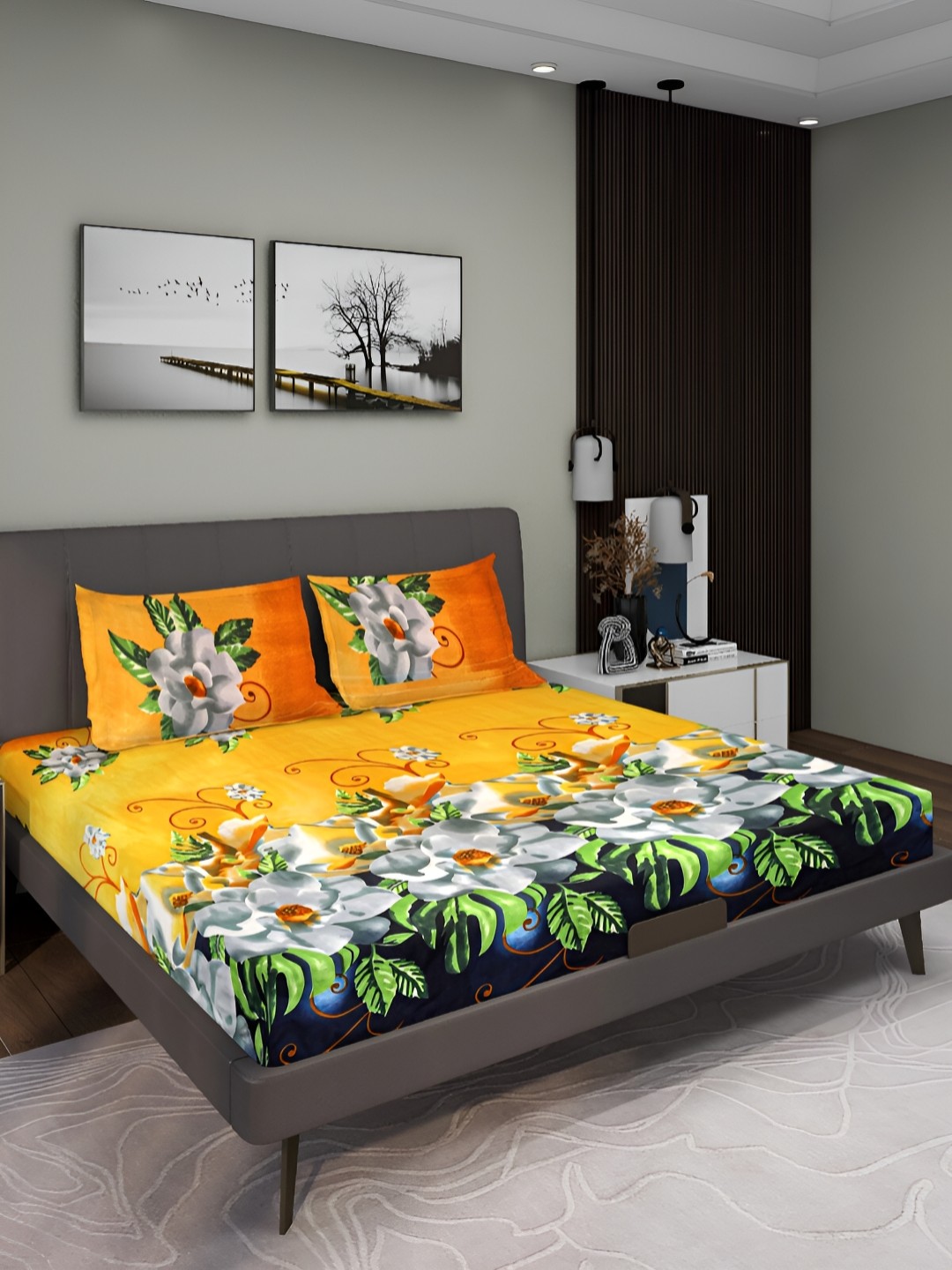 

Aura Yellow Floral 144 TC Queen Microfiber Bedsheet With 2 Pillow Covers