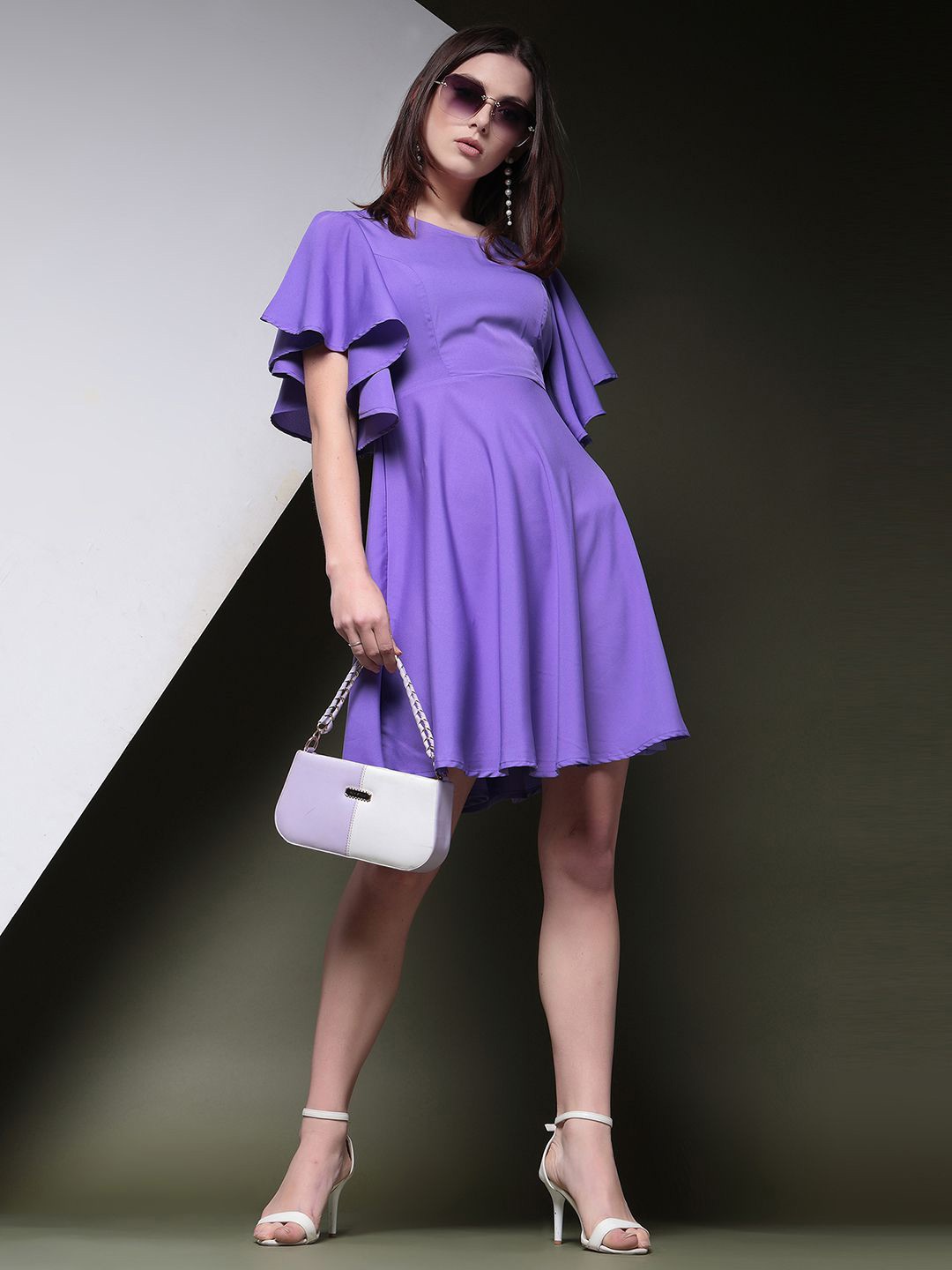 

Selvia Flutter Sleeve Round Neck Fit & Flare Dress, Purple