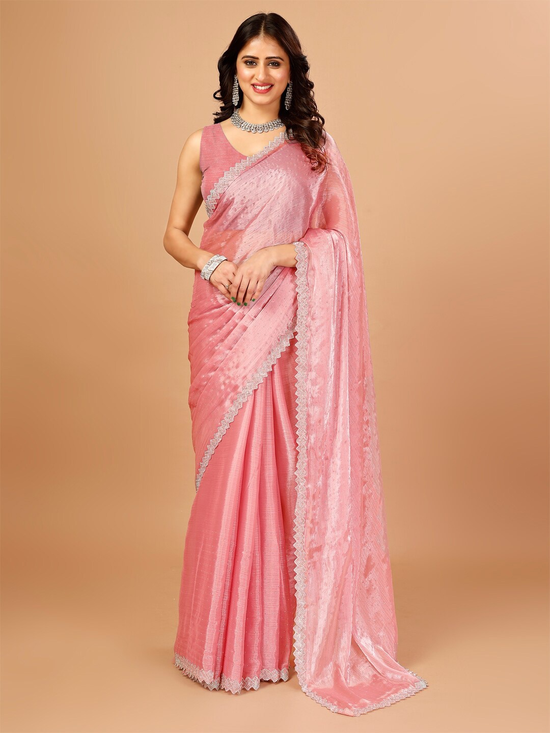 

STRICHARITRA Embellished Beads and Stones Pure Silk Saree, Peach