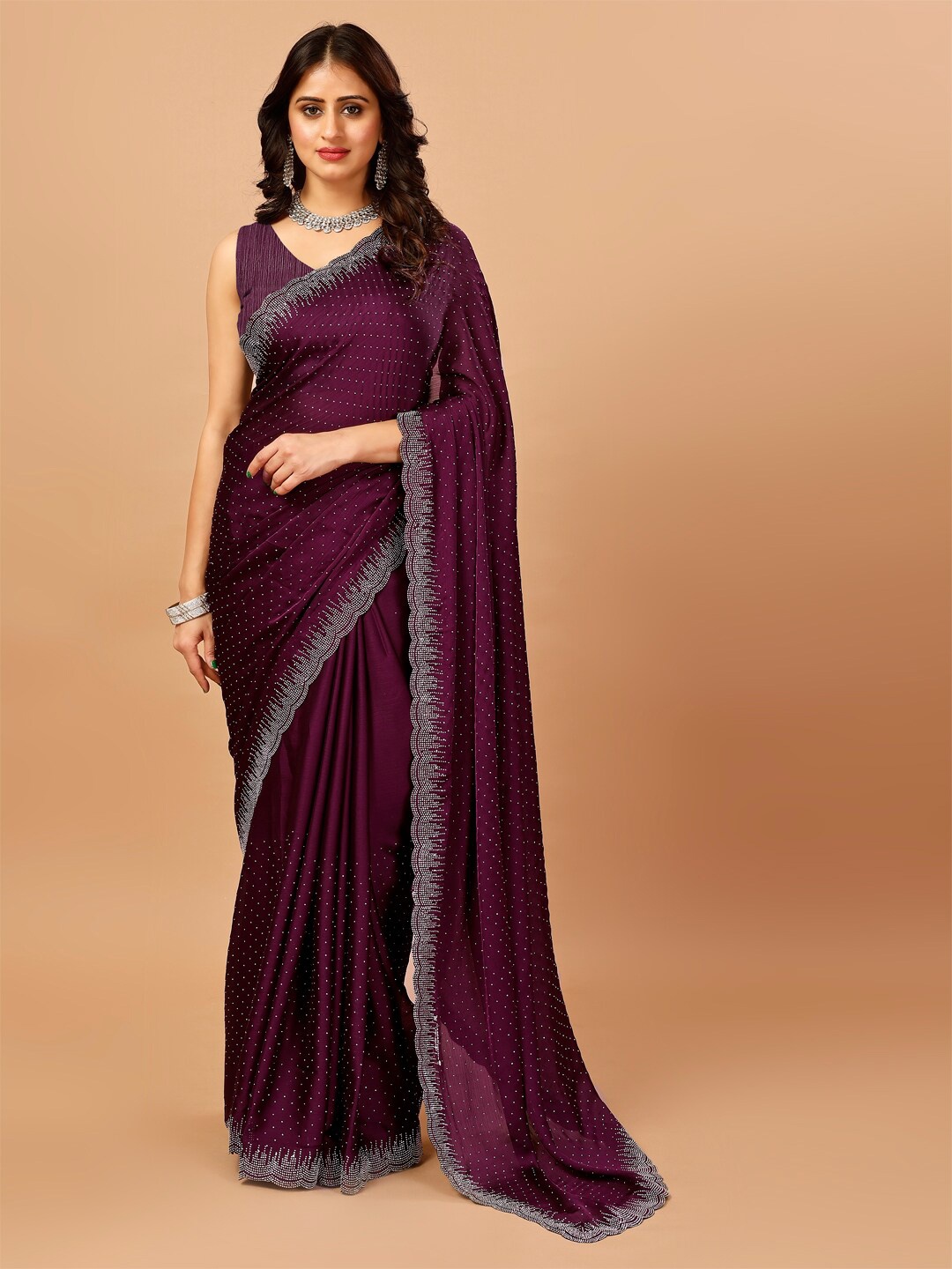 

STRICHARITRA Embellished Beads and Stones Pure Silk Saree, Burgundy