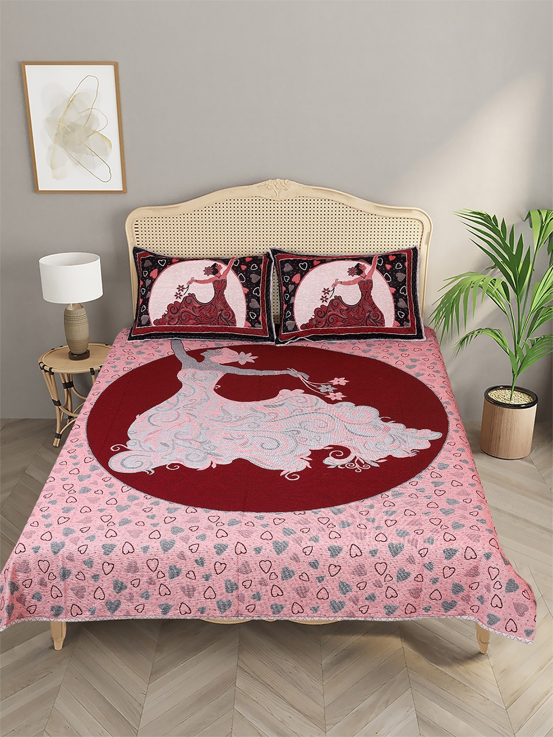 

Aura Maroon & Black Woven 420TC Double Queen Bed Cover With 2 Pillow Covers