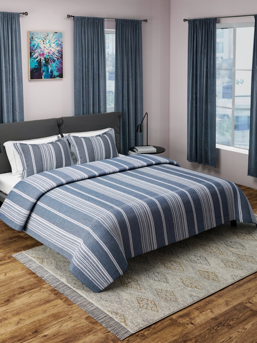 

Aura Dark Grey Striped Woven 180 TC Queen Double Bed Cover With 2 Pillow Covers