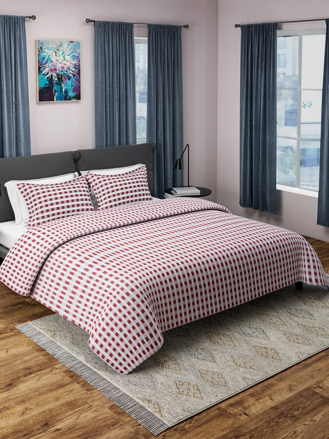 

Aura Maroon & White Checked Woven 170 TC Queen Double Bed Cover With 2 Pillow Covers