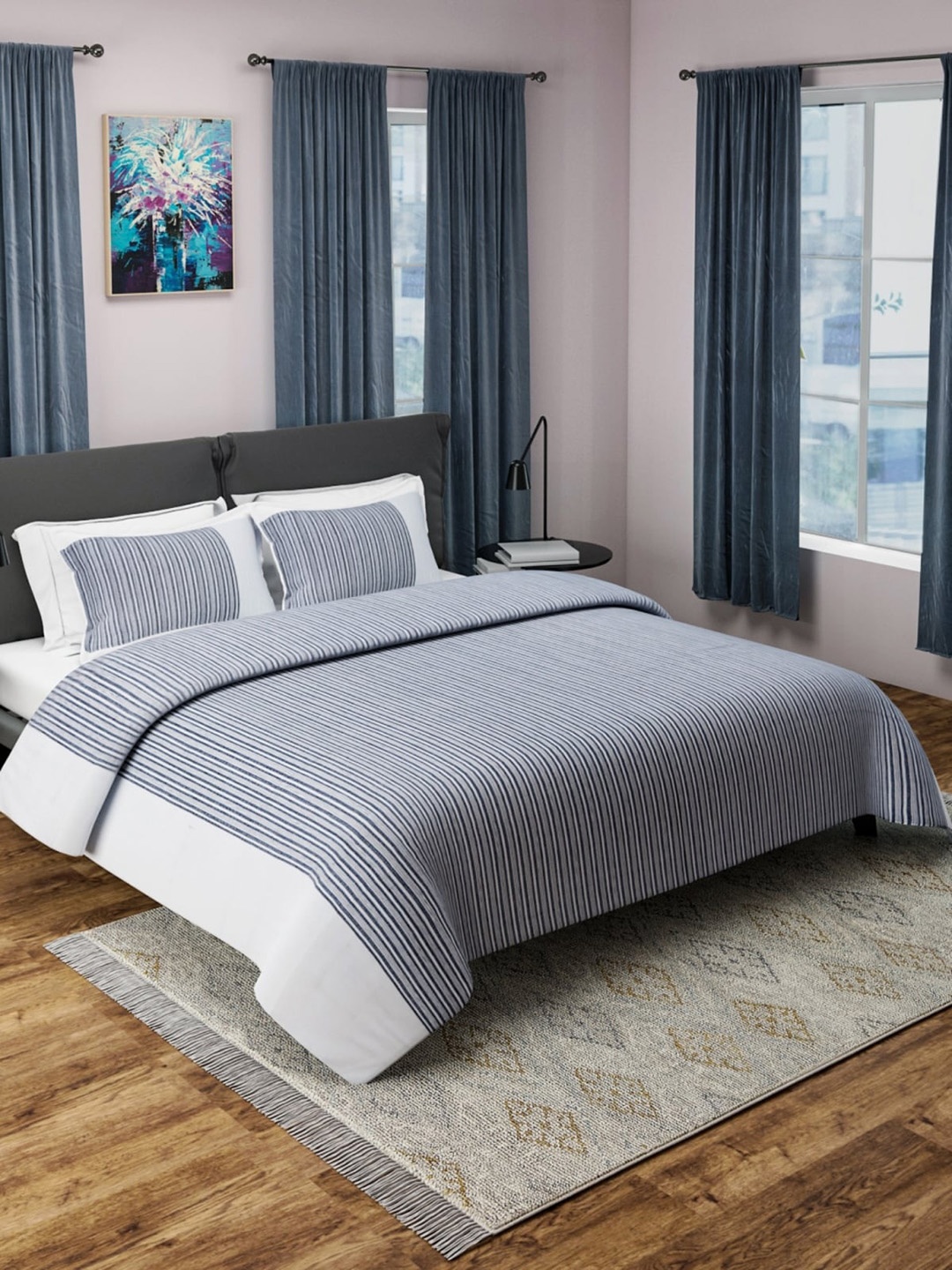 

Aura Black Striped Woven 150 TC Queen Double Bed Cover With 2 Pillow Covers