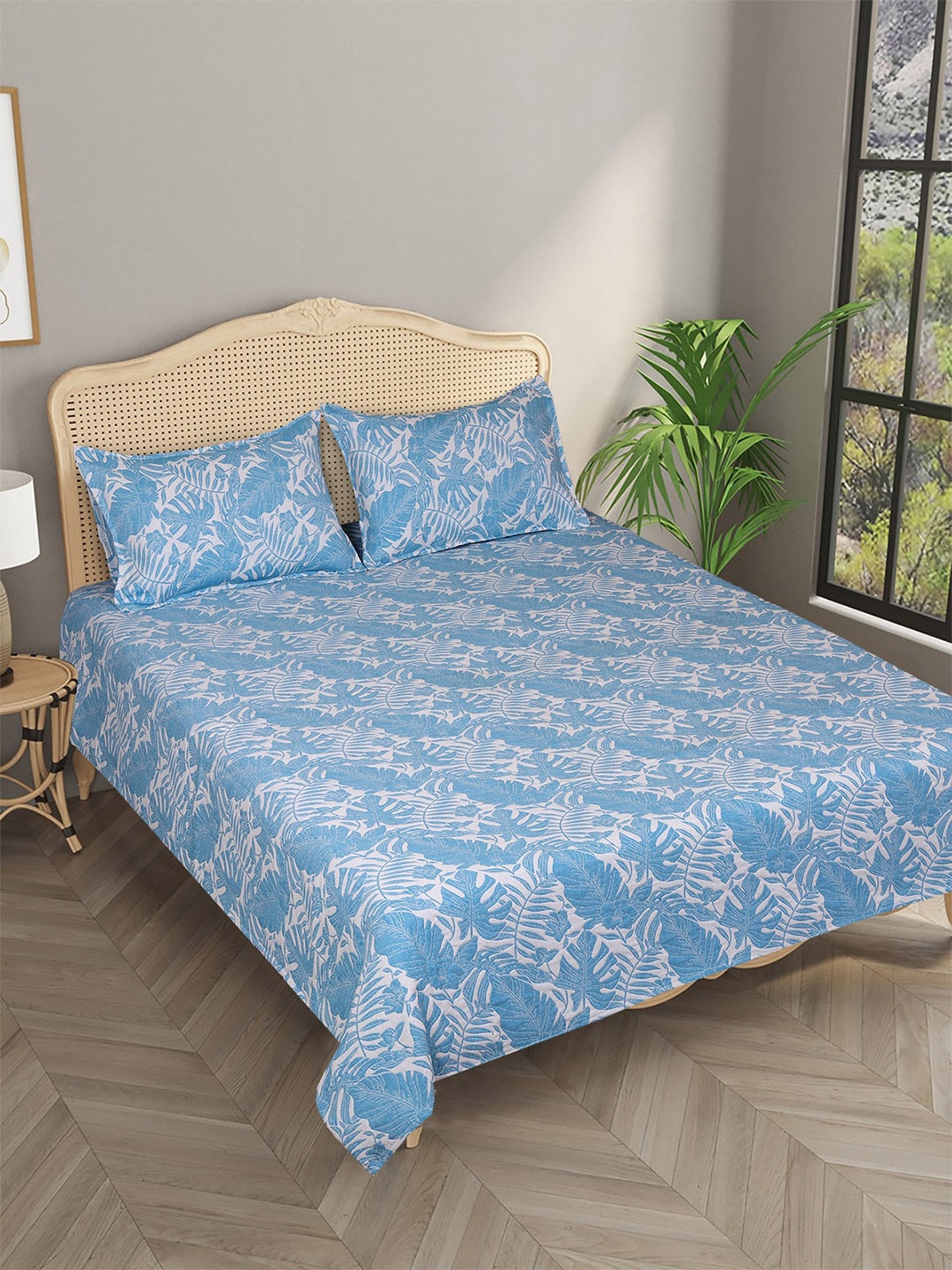 

Aura Blue Woven Leaves 420TC Double Queen Bed Cover With 2 Pillow Covers