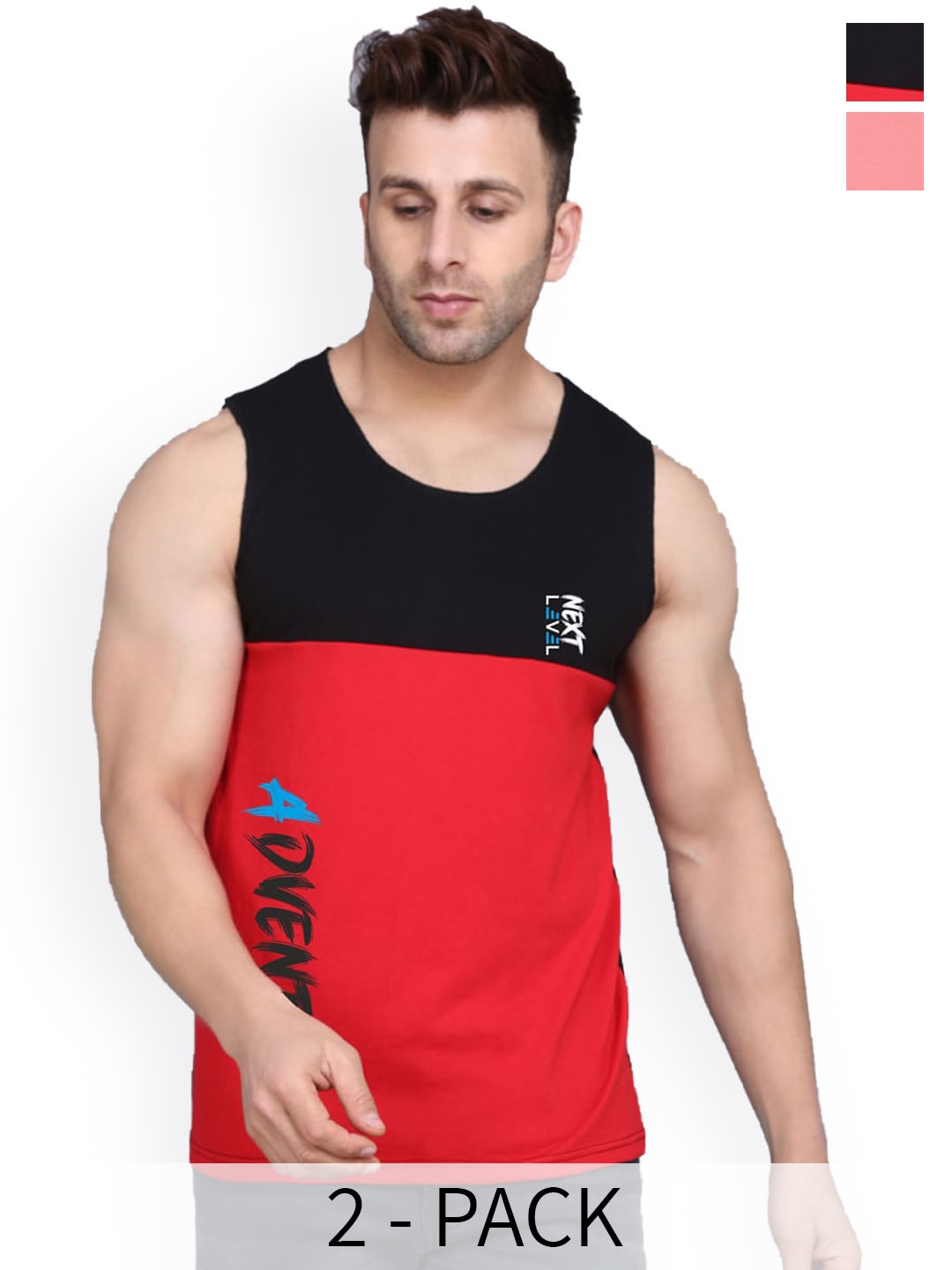 

SLOWLORIS Pack Of 2 Printed Bio-Wash Innerwear Vests SL26 (PEACH KEEP) (BLACKRED ADV)