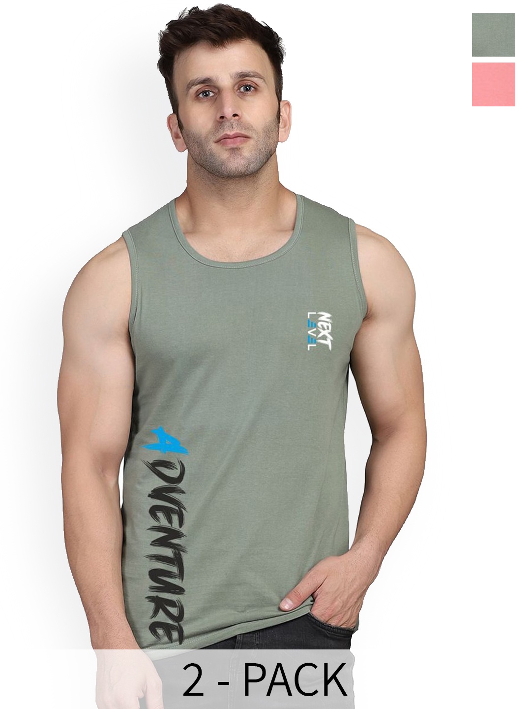 

SLOWLORIS Pack of 2 Printed Bio-Wash Innerwear Vests SL26 (PEACH KEEP) (LGTGREEN ADV)