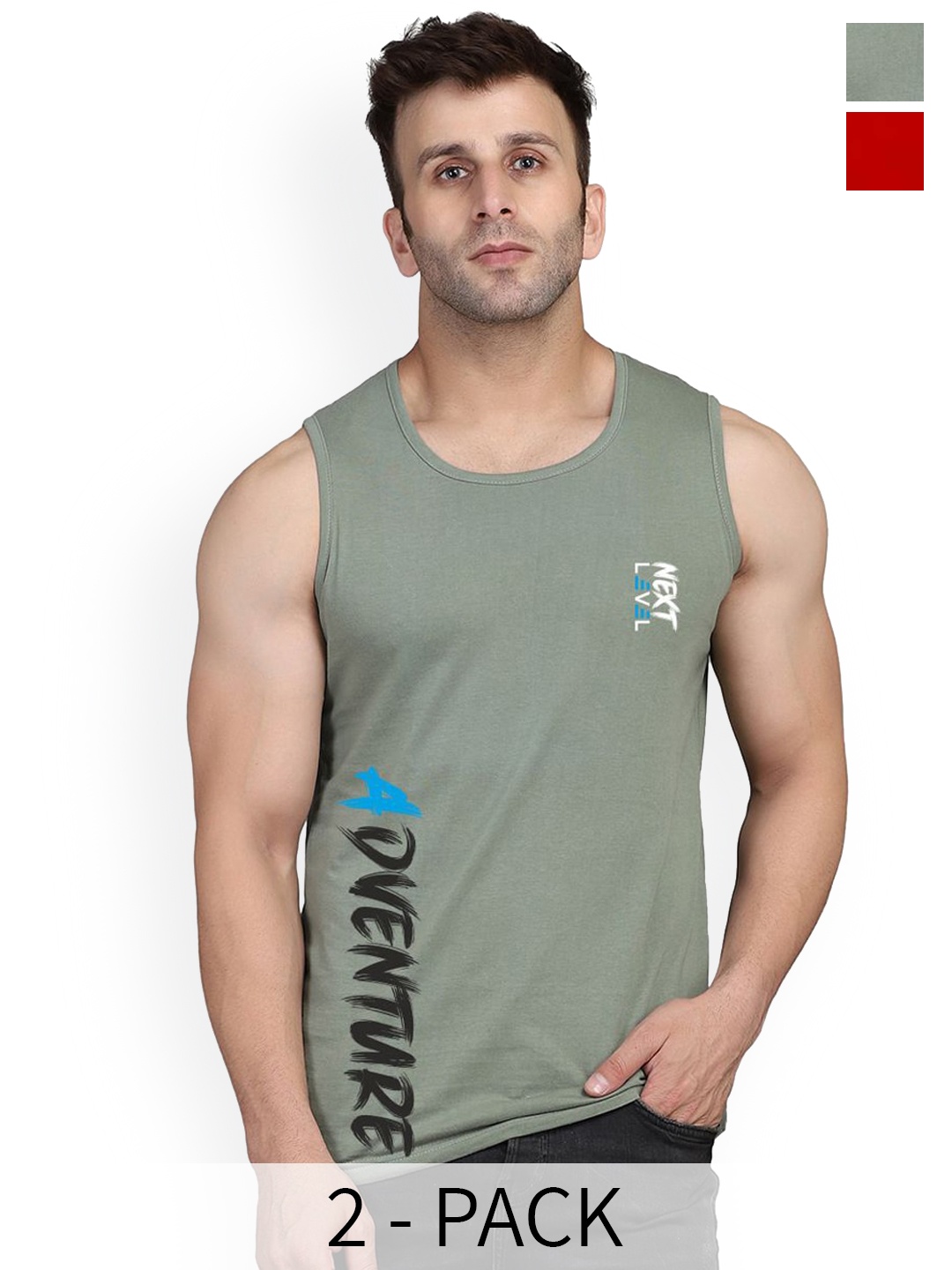 

SLOWLORIS Pack of 2 Printed Sleeveless Innerwear Vests SL26 (RED KEEP) (LGTGREEN ADV)