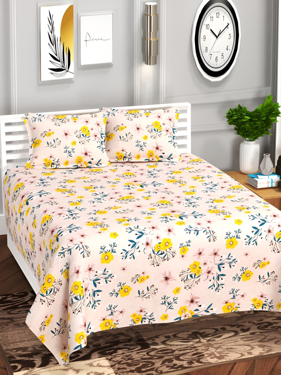 

bsb home Turquoise Blue & Yellow 180 TC King Bedsheet With 2 Pillow Covers