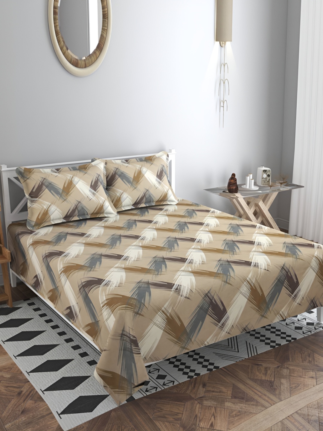 

bsb home kingston Beige & White 180 TC King Cotton Bedsheet with 2 Pillow Covers