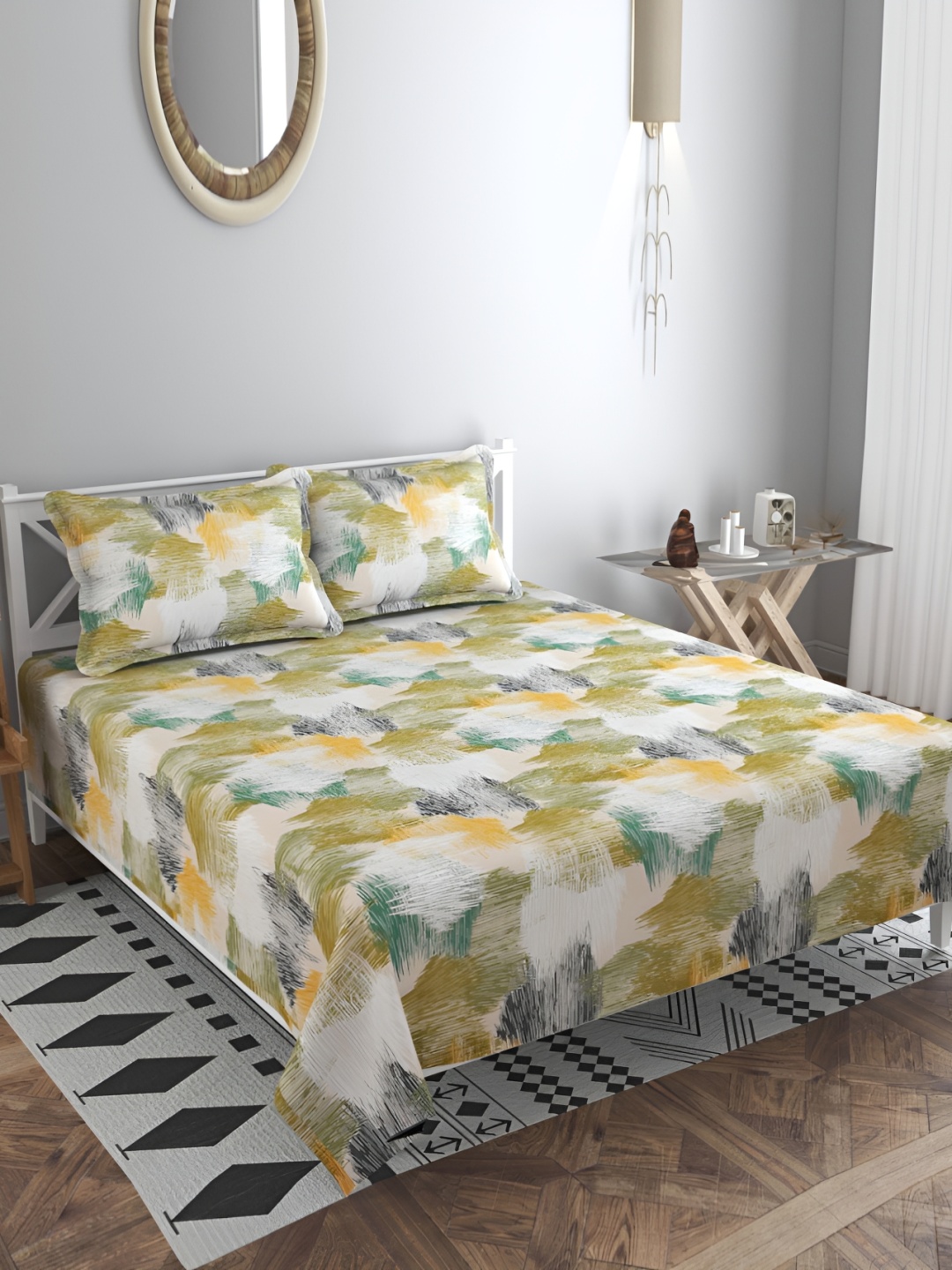 

bsb home kingston Green & Beige 180 TC King Cotton Bedsheet with 2 Pillow Covers