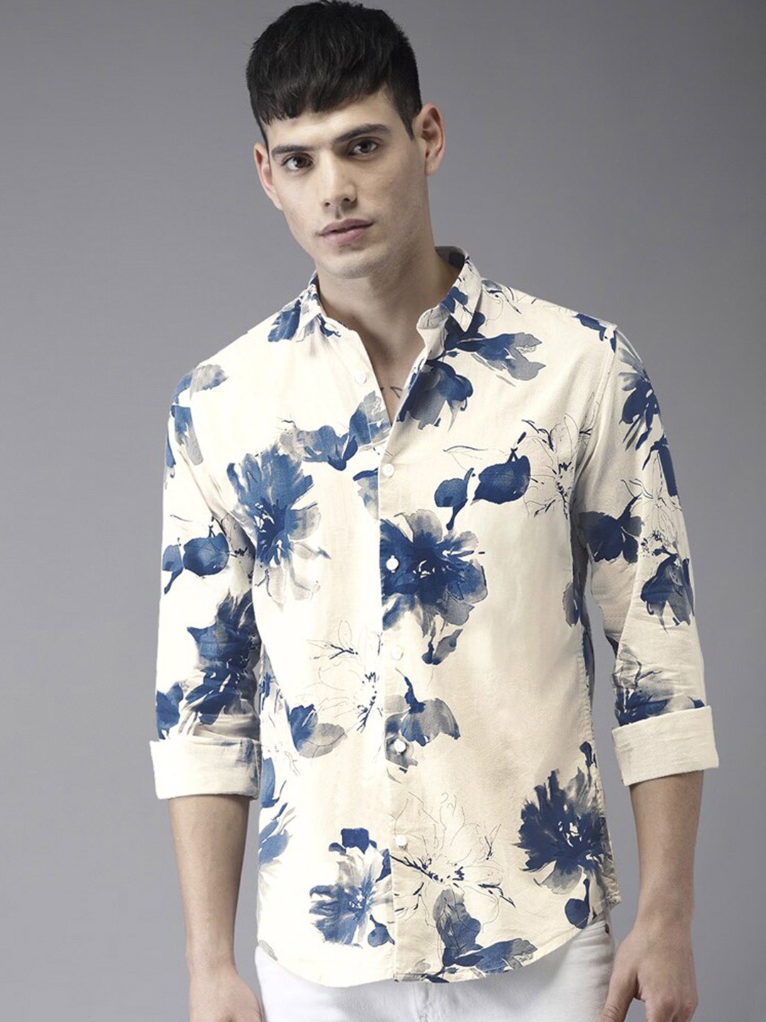 

Eyebogler Floral Printed Spread Collar Tropical Cotton Shirt, White