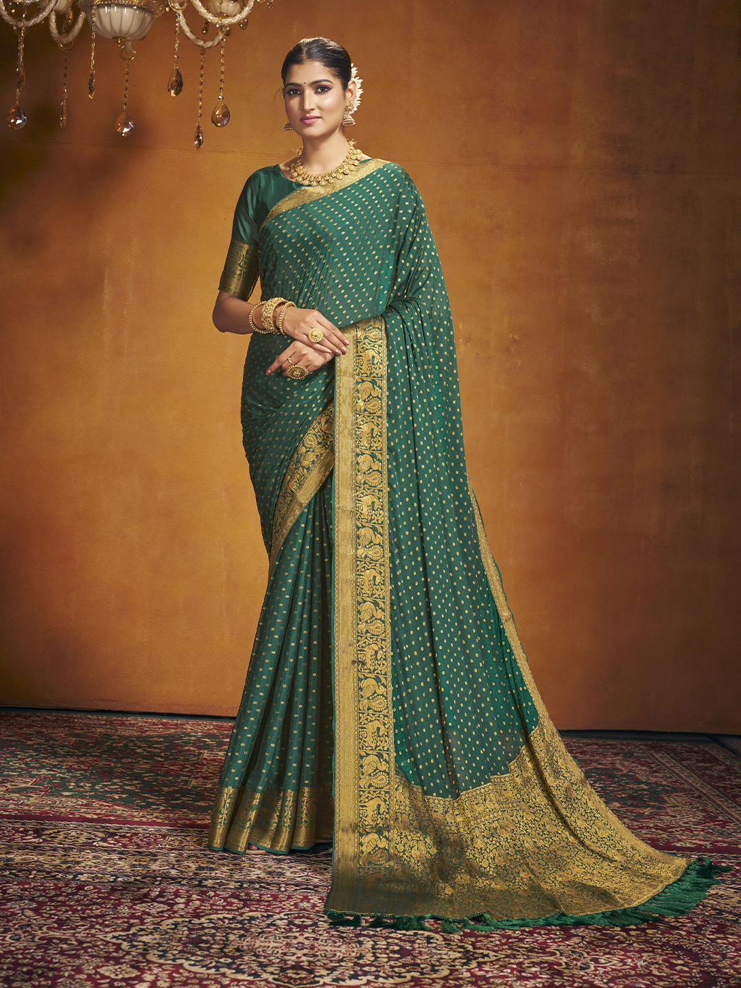 

V3 FASHION STUDIO Ethnic Motifs Woven Design Zari Pure Georgette Banarasi Saree, Green