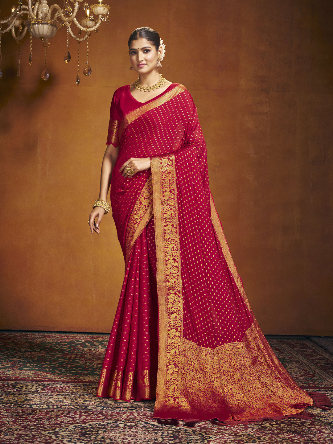 

V3 FASHION STUDIO Ethnic Motifs Woven Design Zari Pure Georgette Banarasi Saree, Red
