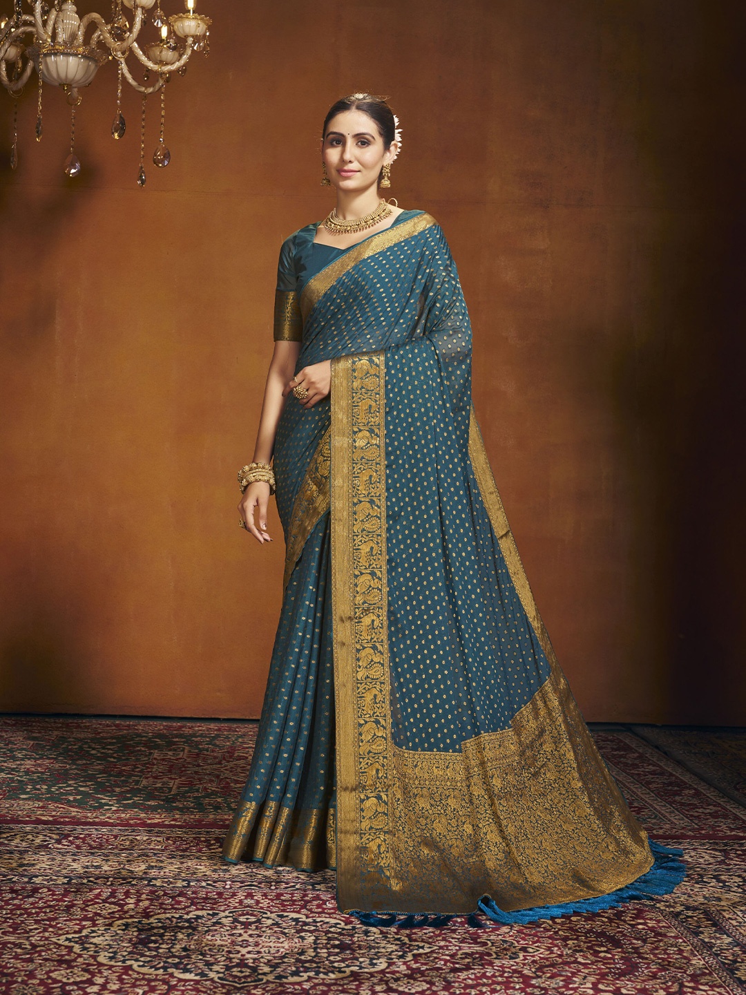 

V3 FASHION STUDIO Ethnic Motifs Woven Design Zari Pure Georgette Banarasi Saree, Blue