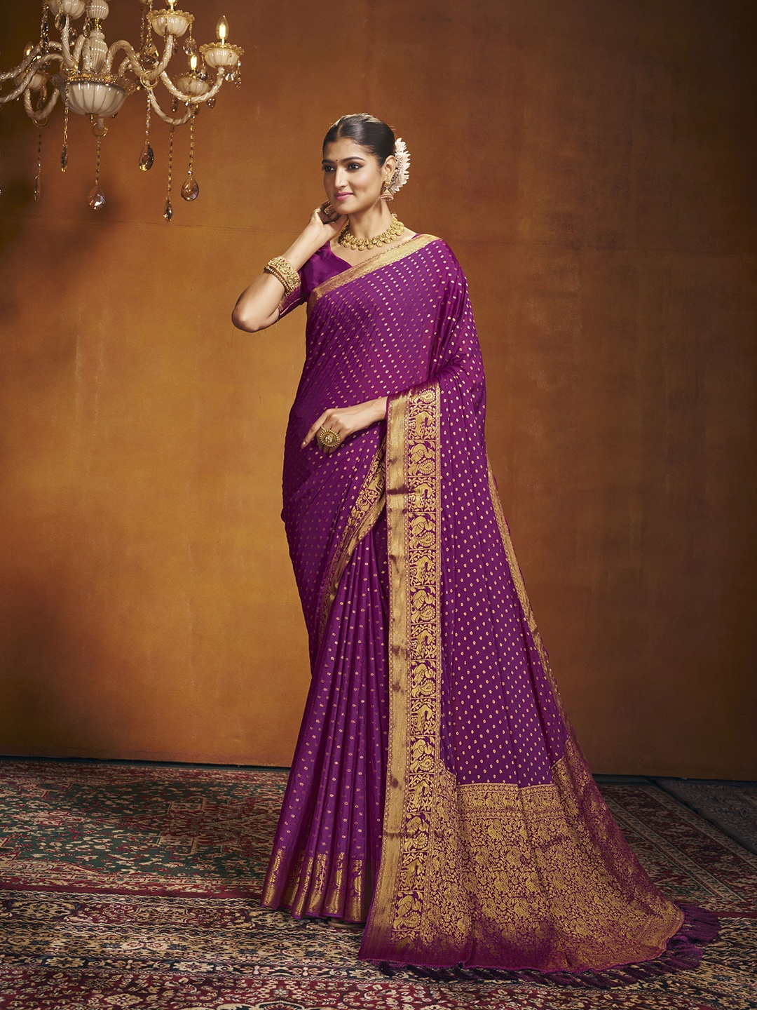 

V3 FASHION STUDIO Ethnic Motifs Woven Design Zari Pure Georgette Banarasi Saree, Purple